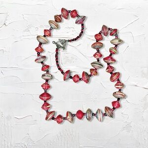 17A. Paper Bead Necklace Red Handmade